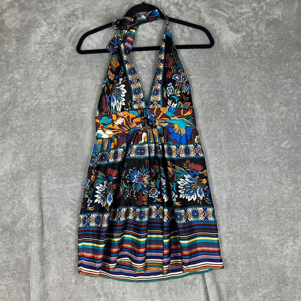 Vintage Y2K Arden B Mini Dress Womens S 100% Silk Halter Multiprint Boho Beach